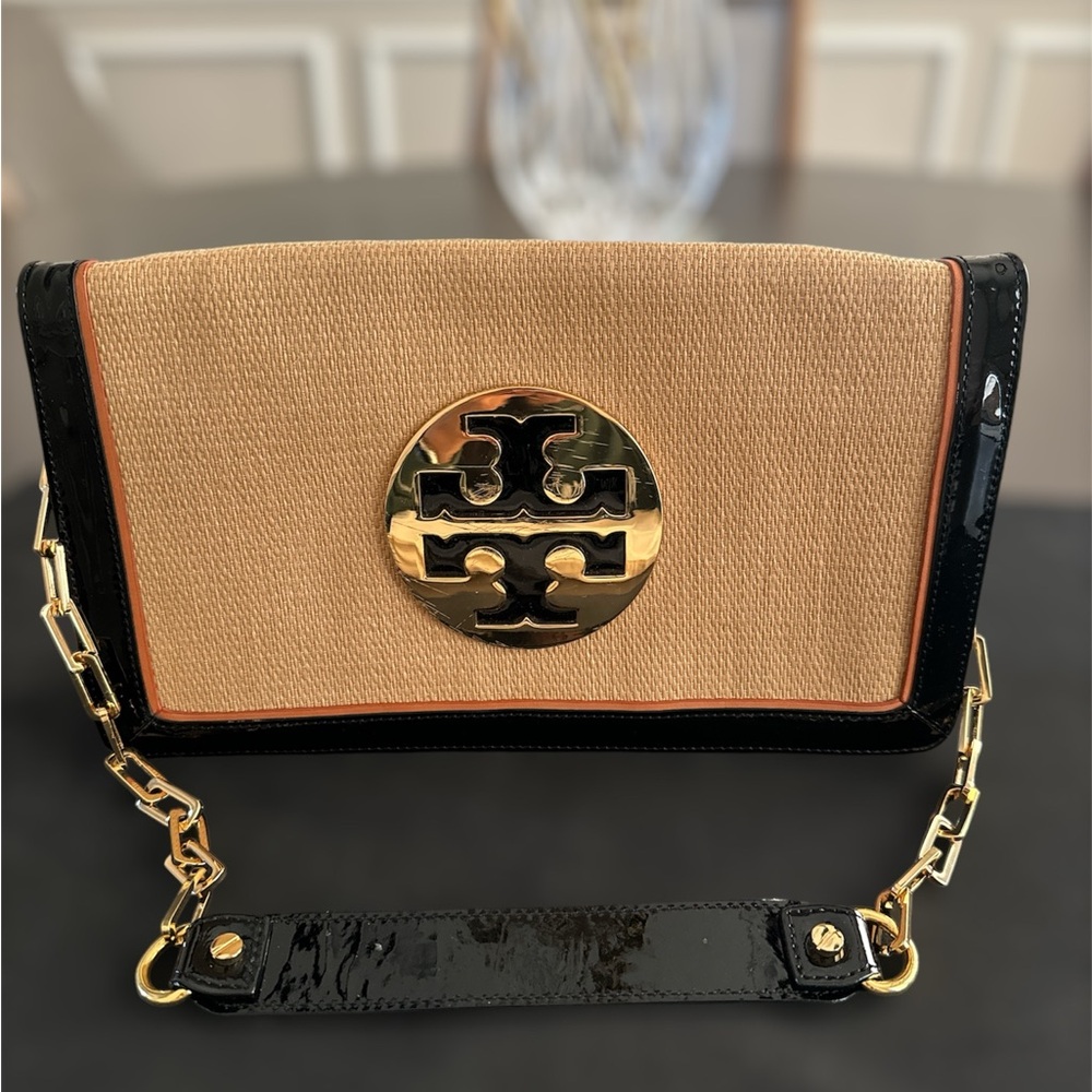 Tory Burch Saddle Reva clutch with gold-tone hardware, EUC